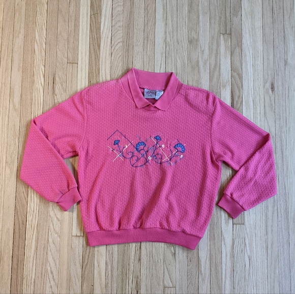 Vintage Textured & Embroidered Double Collar Polo Sweater 1980s TanJay - Picture 2 of 4